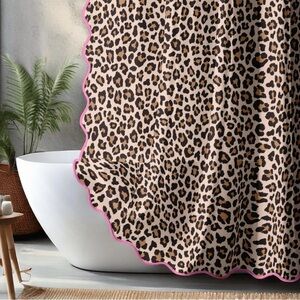 NWOT Leopard Print Shower Curtain, Pink Trim, Scalloped Edge, Linen Like Fabric